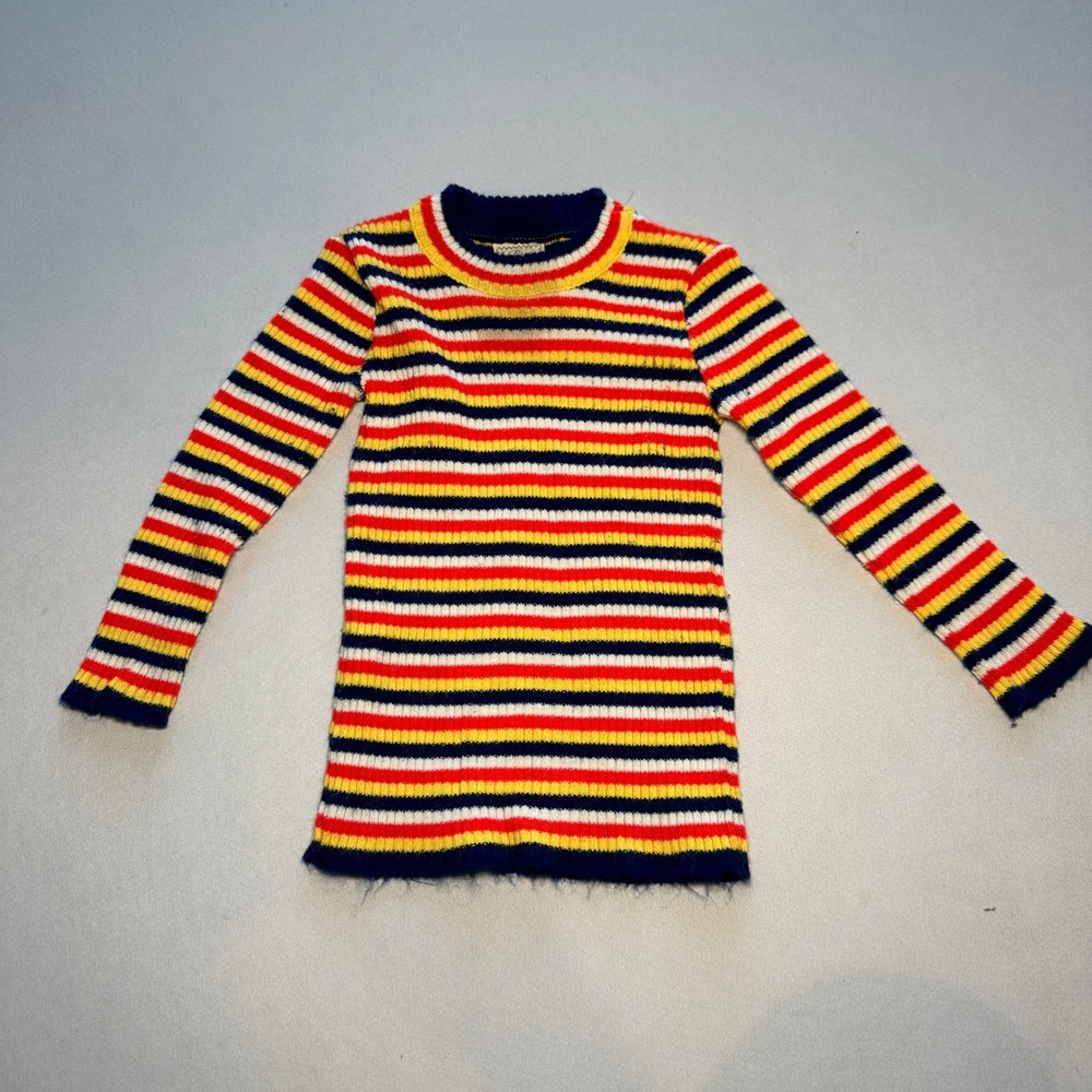 Vintage 70s Little‎ World Sweater Girls Red Yellow Blue Striped Mod Groovy Disco